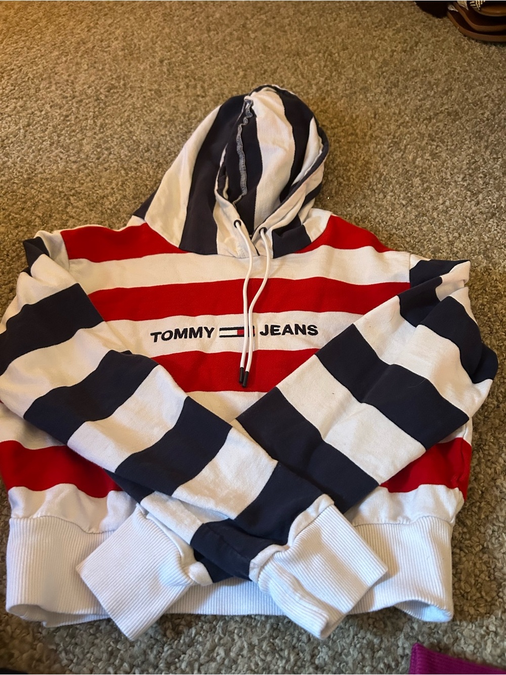 Tommy Hilfiger Tommy Jeans Red, White & Navy Striped Hoodie Crop Top